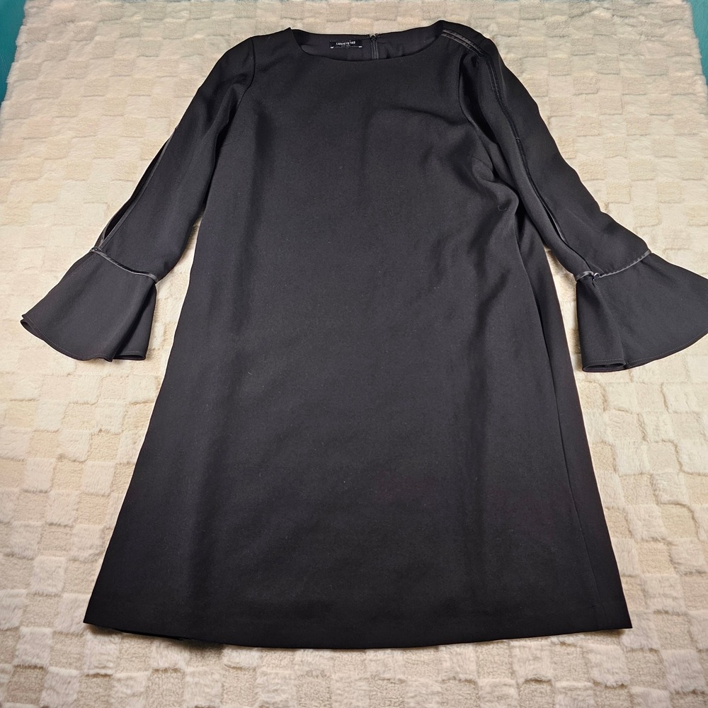 Lafayette 148 New York Black Bell Sleeve Satin Trim Shift Dress Crew Neck